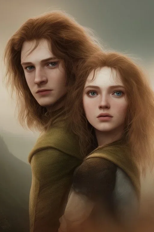 Jeune couple premier plan zoomé, visages hyper détaillés, ultra réaliste, 4k. Fille rousse aux cheveux raides, garçon musclé cheveux dreadlocks longs. Paysage de film ultra réaliste, montagne. D&D, mystique, ultra réaliste, seigneur des anneaux