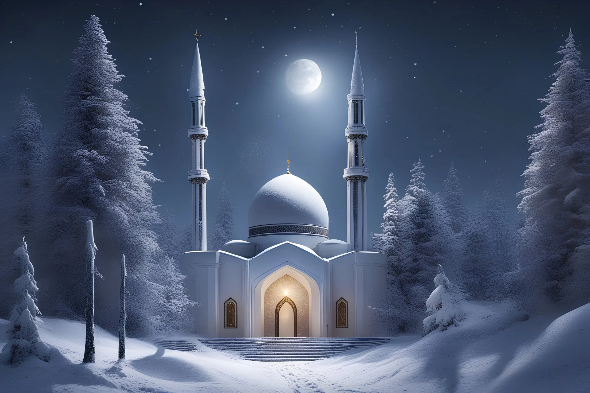 Mosque with sparklers in a snowy forest landscape bathed in moonlight and falling snow with a barely noticeable outline of jesus christ in the background