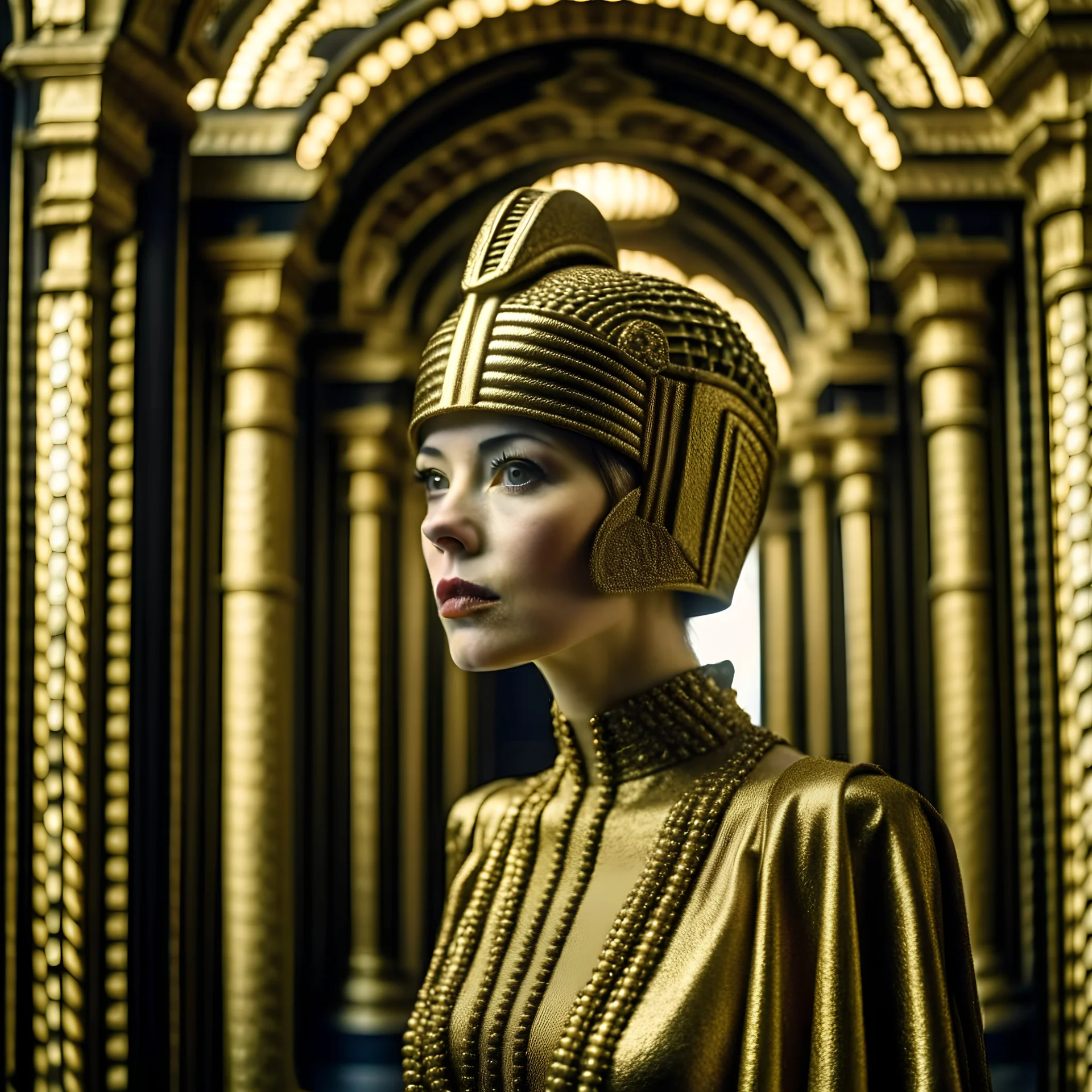 : closeup shot of a theatrically and ornately-costumed aristocratic character from a contemporary 1930s retro-futurism epic science fiction fantasy space opera live-action movie; setting: art deco retro-futuristic gilded brutalist palace interior; style influences: miniamalistic design aesthetic, gritty, realistic, baroque, byzantine, industrial, futurism, art deco, cinematic, atmospheric, short-depth-of-field, bokeh, photographic