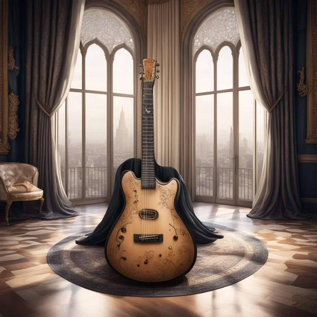 Hyper Realistic extremely-fancy-guitar standing on a floor of a fancy castle lounge with beautiful windows & velvet-curtains-with-musical-notes-printed-on-curtain