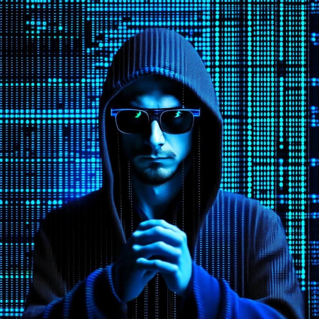 Cyber wizard using glasses with blue matrix backgroud