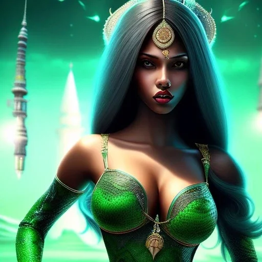 fantaisy seeting, insanely detailed, woman, indian, dark skinned, green hair strand