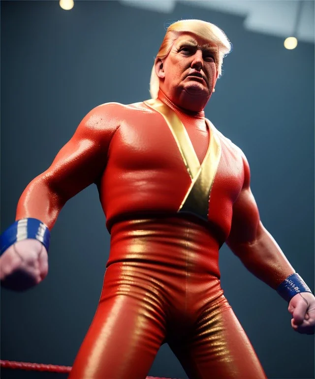 Donald trump wrestling fighter, naked torso, color breeches, suspenders, retro style, 80s, hot ambient, photo studio, red, gold, vibrant color, gradient, highly detailed, art stations, concept art, smooth, unreal engine 5, god rays, ray tracing, RTX, lumen lighting, ultra detail, volumetric lighting, 3d, finely drawn, high definition, high resolution.