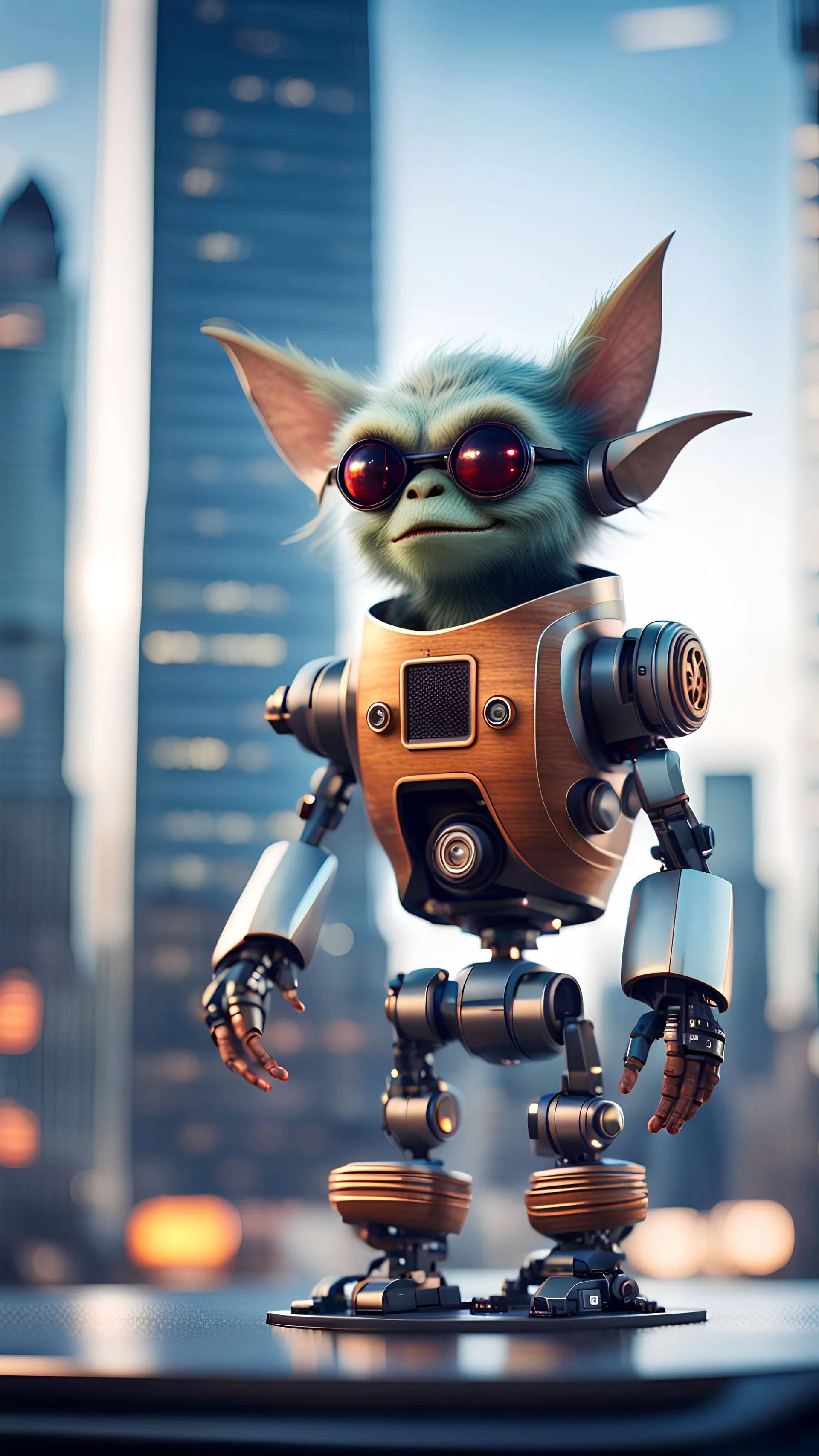 Hairy Gremlin pimp ninja robot on hipster star ship parked on top of sky scraper,bokeh like f/0.8, tilt-shift lens 8k, high detail, smooth render, down-light, unreal engine, prize winning