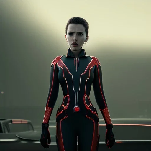 retro sci-fi portrait image from 1960, supermarket parking explosion, fire, classic black widow, young Scarlett Johansson, tight lycra suit, soft color, highly detailed, unreal engine 5, ray tracing, RTX, lumen lighting, ultra detail, volumetric lighting, 3d, finely drawn, high definition, high resolution.