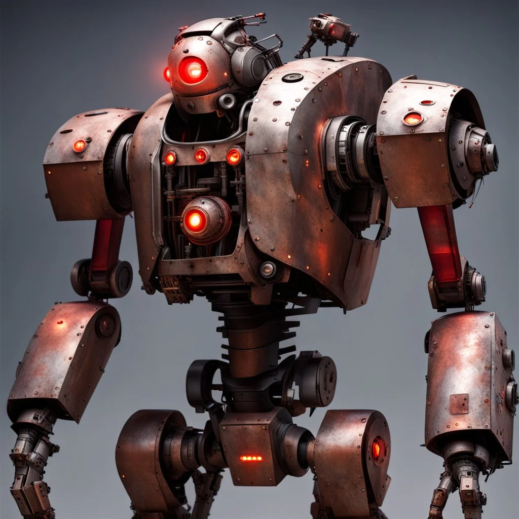 trash mech suit, human-sized, made of scrap metal, small, cockpit, light rust, round, red glowing eyes