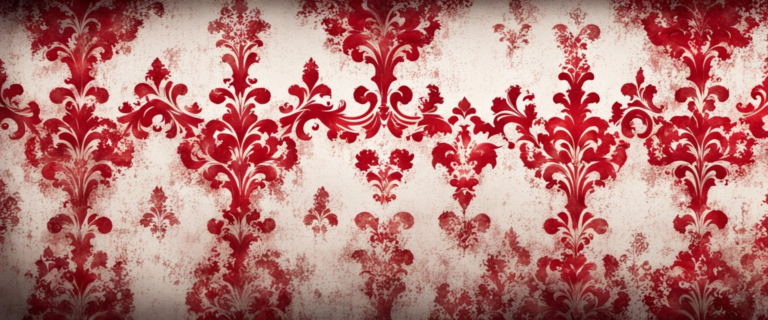 Hyper Realistic Grungy Red Damask Texture on Rustic White Wall with peeling & vignette effect