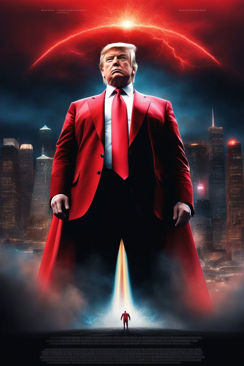 movie poster - "MAGA MAN" - Donald Trump as 'Maga Man,' Extremely Muscular, Skintight, formfitting, crimson suit, blue cape, silver boots, multicolored Lightning, Multicolored vortex, neon lit futuristic cityscape, mist, fog, speed, extremely overexaggerated musculature,