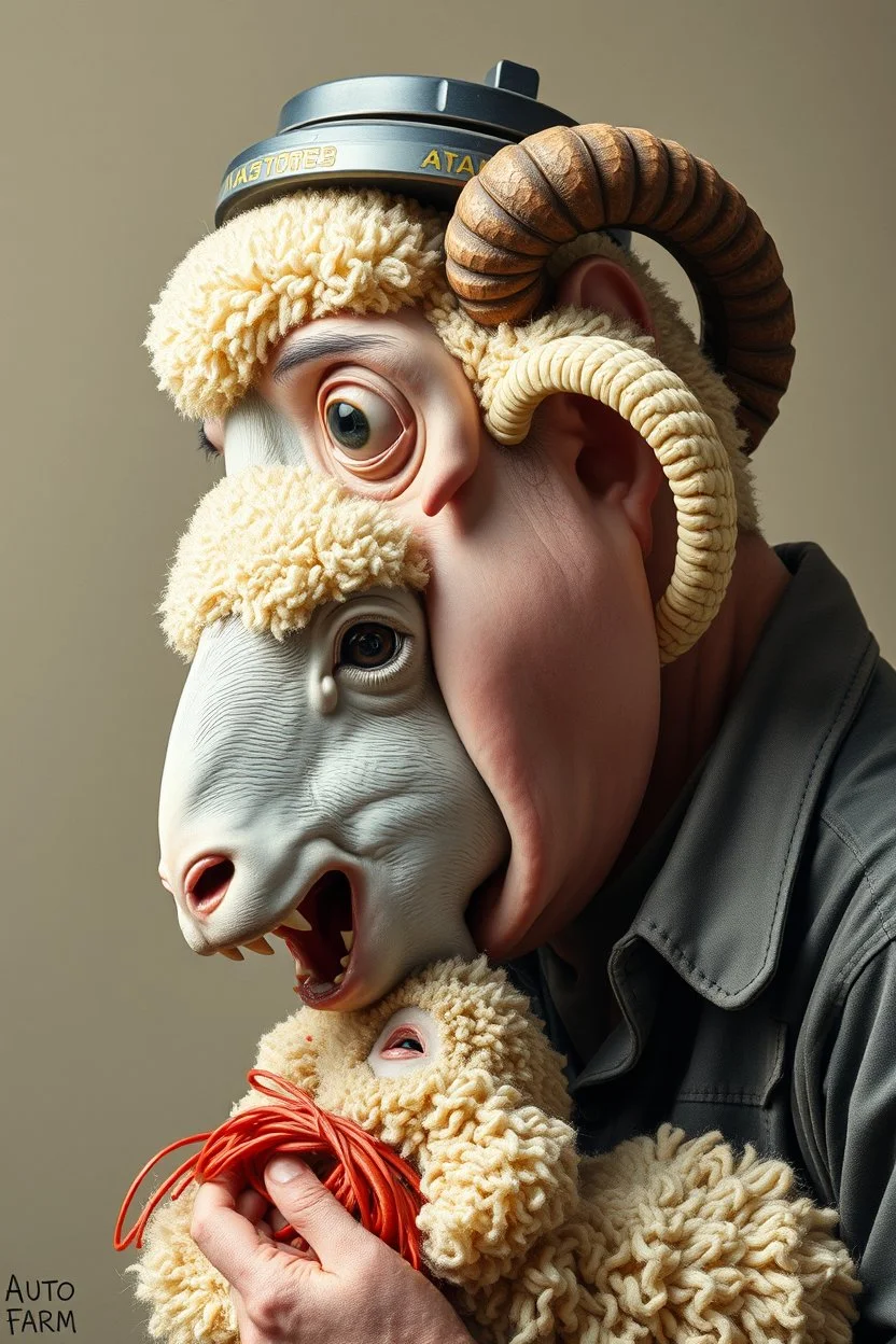 drag("yummy yummy")side profile, with heading (autofarm) in poster form,a portrait of a very very fatty head mechanic sheepman, man is eating a hybrid mixed body part sheep, giant eyes sheep alien style H.R giger look. as one headed mouth open, rough teeth, turn head, (&*&*^%$^#%$#%$^%$#^#$#^%#$^$#&#^46747854784846857