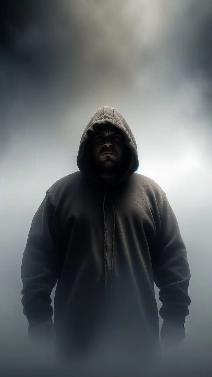 Heavy fog, huge angry hooded man in the sky
