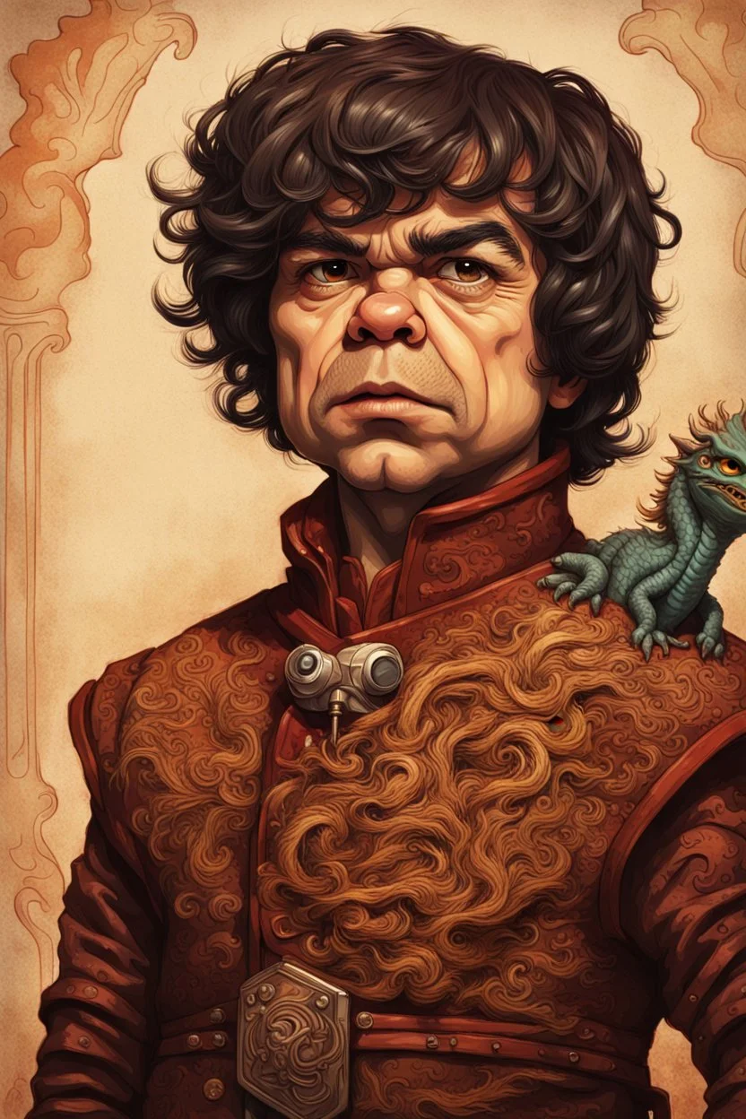 A portrait of an odd but strangely beautiful yet odd little humanoid creature named Herve Villechaize in the role of "Tyrion Lannister" from "Game of Thrones" with a dragon in the background Modifiers: very cute Norman Rockwell style of Bobby Chiu style of Chris Ryniak