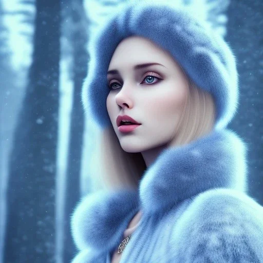 Woman in fur coat, ice, blue, forest, snow, beautiful, mountain, masterpiece, expert, 8K, hyperrealism, sharp focus, cinematic lighting