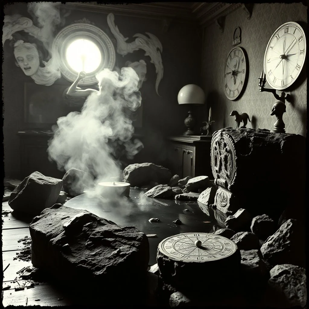 photo, 1920 horror movieshot, rocks, very odd objects in background, Ades, Charon, tenebroso, macabro, marcio, interno museo, fiotti di liquido nero che zampillano, hypermaximalist, strangeness, sundial light, odd, intricate, Lawrence Alma-Tadema style, albero, hypnotic, eerily mysterious, artistic photo, shot on Hasselblad, sadness, follia, smoke, daguerrotype