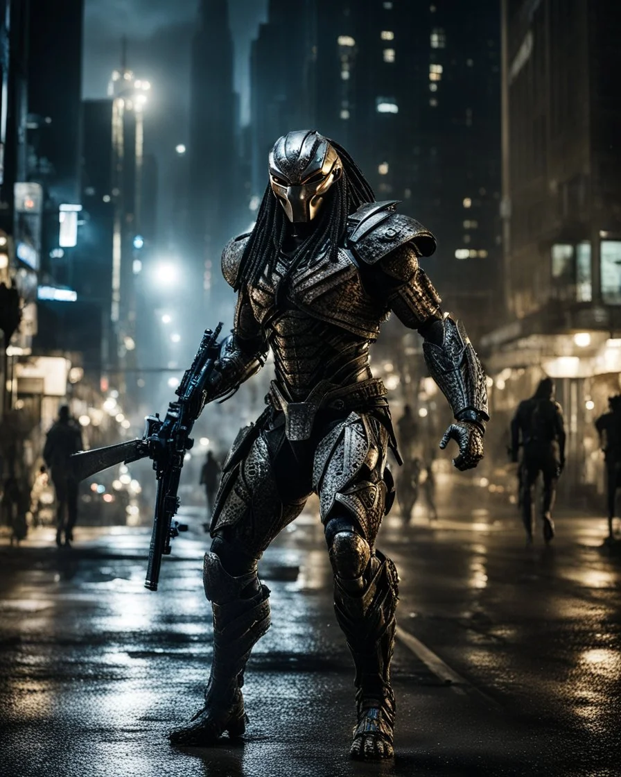 full image street photography art Predator movie character, figure,weapons, run on night city street