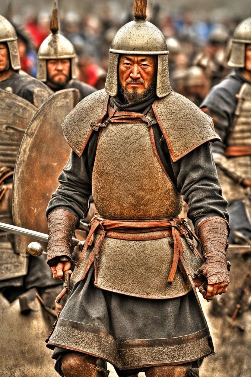 Close-up of a warrior the 1200s and a Mongol warriors, strong athletic build, in battle gear. HDR --s 1000