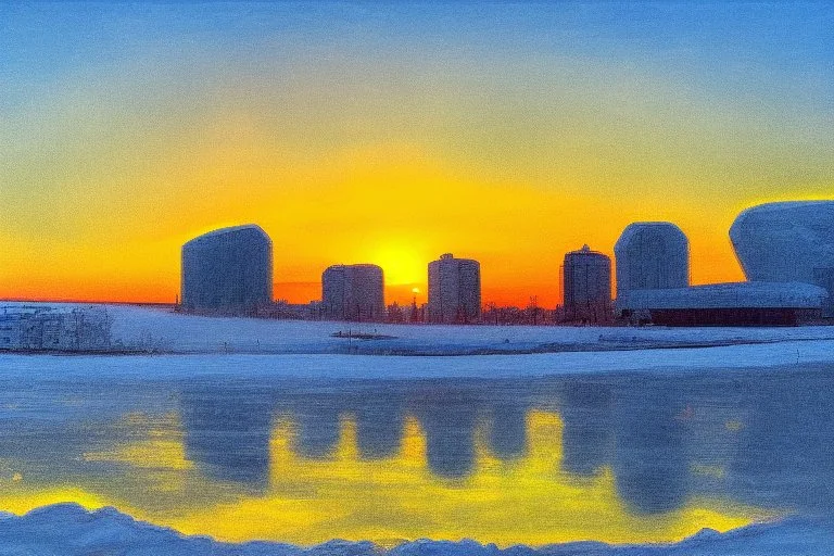 Sunset, winter, Futuristic buildings in the ice, impressionism painting