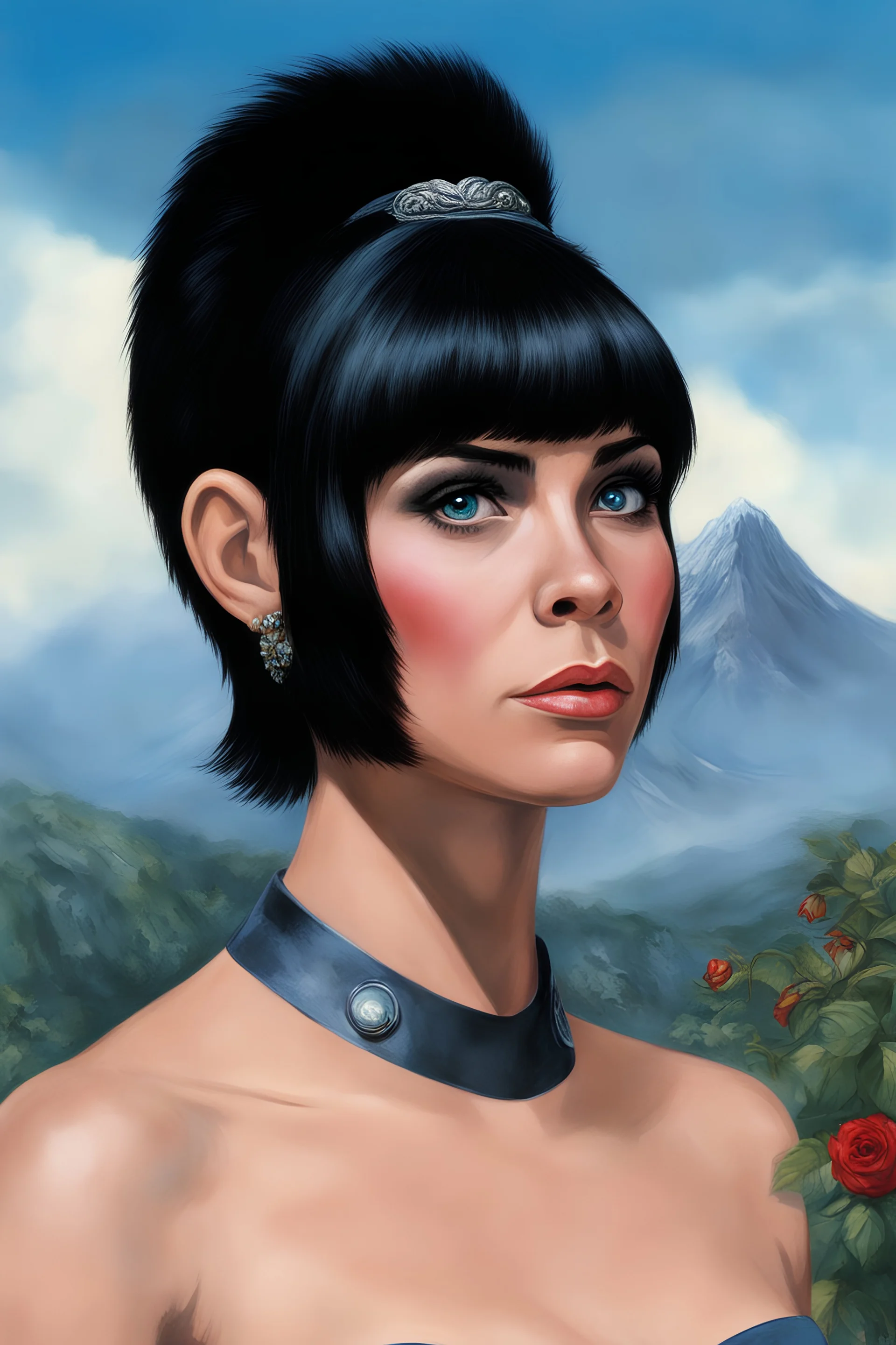 Planet of the Apes - black hair, Deep Blue Eyes - head and shoulders portrait - Lenna, part chimpanzee, part human, short, bowl-cut, straight black hair, the bangs cut straight across the forehead, she resembles a zira from the planet of the apes, and she resembles Leonard Nimoy - Mountains, blue skies, clouds, red roses, blue roses, yellow roses, honeysuckle roses, carnations, lilacs, professional quality, 32k, UHD, glossy, 1080p, Extremely high resolution Digital photograph, reality