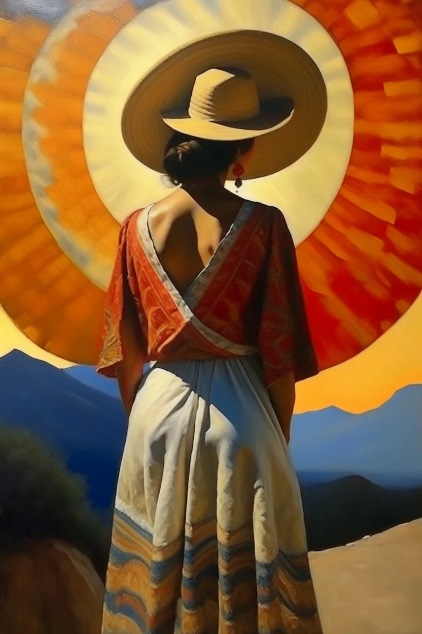 2 mexican woman painting neoclassism standing from the back whole body zoom out looking at the sun