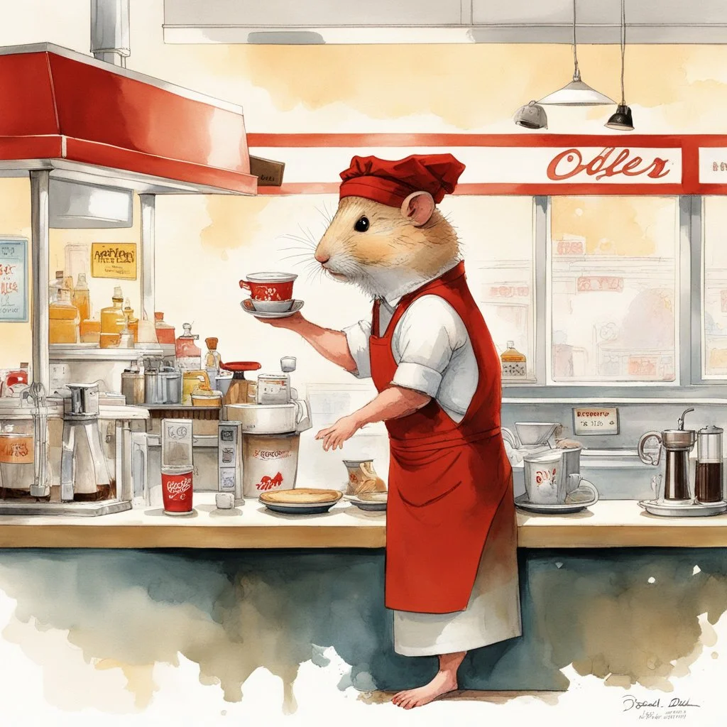 anthropomorphic hamster barista wearing a red apron and do-rag working behind a counter of a 50's diner serving coffee to old man, artistic, nostalgic, by Pascal Campion and Stevan Dohanos and Norman Rockwell, dramatic, impressionist painting, watercolor with medium brush strokes, technically perfect, dynamic