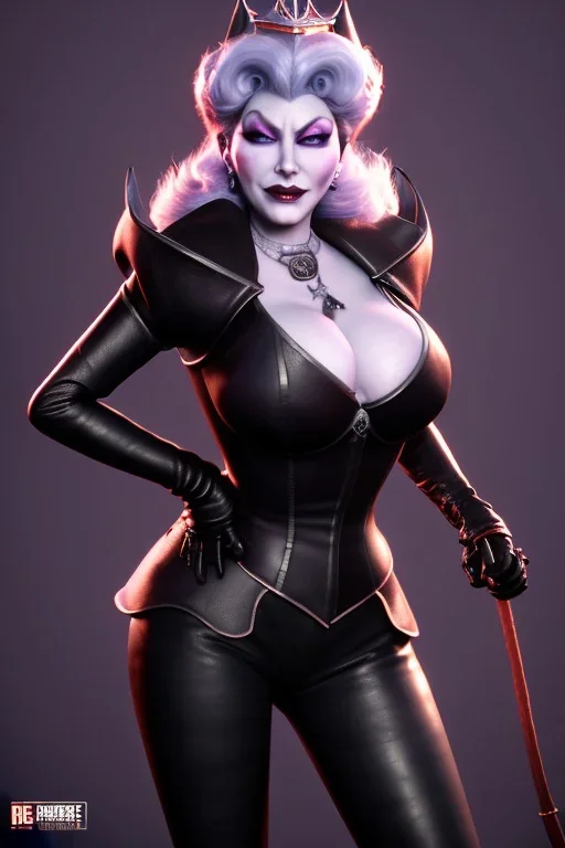 Mae West as evil queen in black leather, leather, busty, cleavage, angry, stern look. character design by cory loftis, fenghua zhong, ryohei hase, ismail inceoglu and ruan jia. unreal engine 5, artistic lighting, highly detailed, photorealistic, fantasy