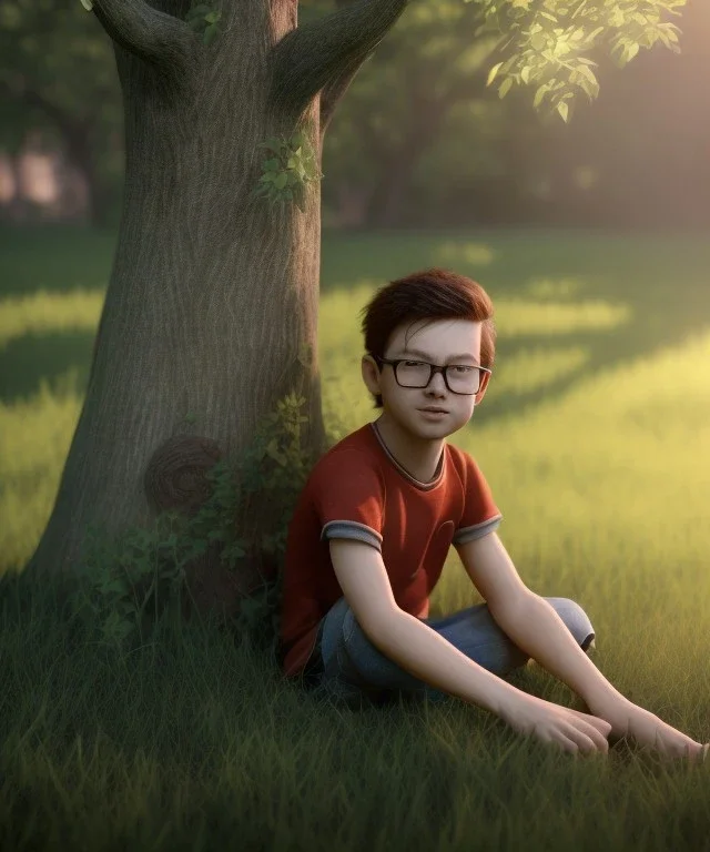 realistic image, boy sitting under a tree, god rays, 8k, 16 bit, vibrant color, natural ambient, chipmunk.