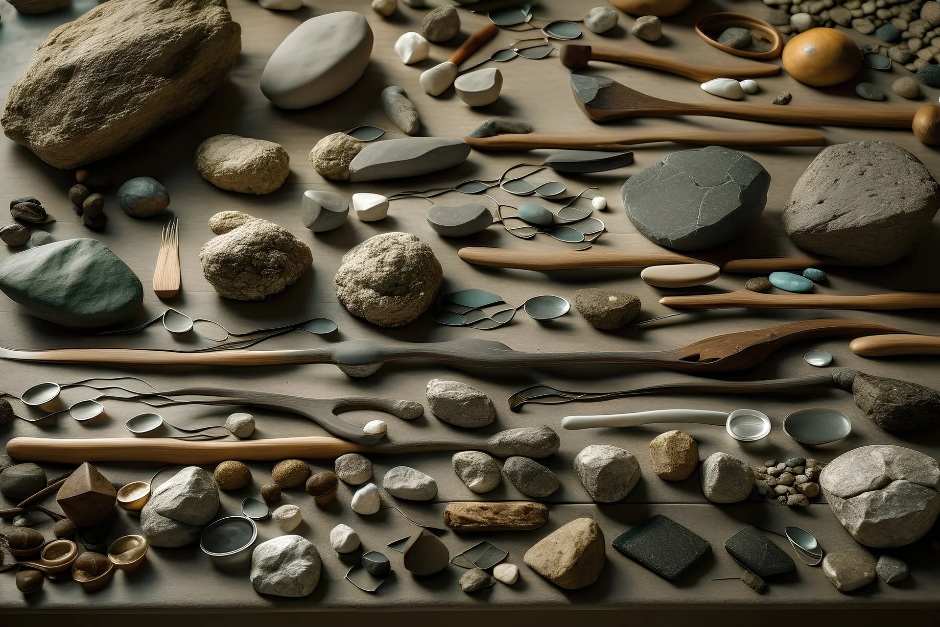 A top down flat lay of quarry tools spread out neatly on a table, captured in a photo that screams simplicity. Include an assortment of rocks, and stones. Include golf tools.