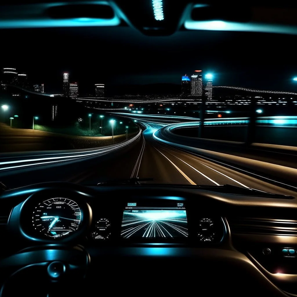 night time, a car dashboard lighting up, a dark road in the windscreen, with a beautiful city in the distance