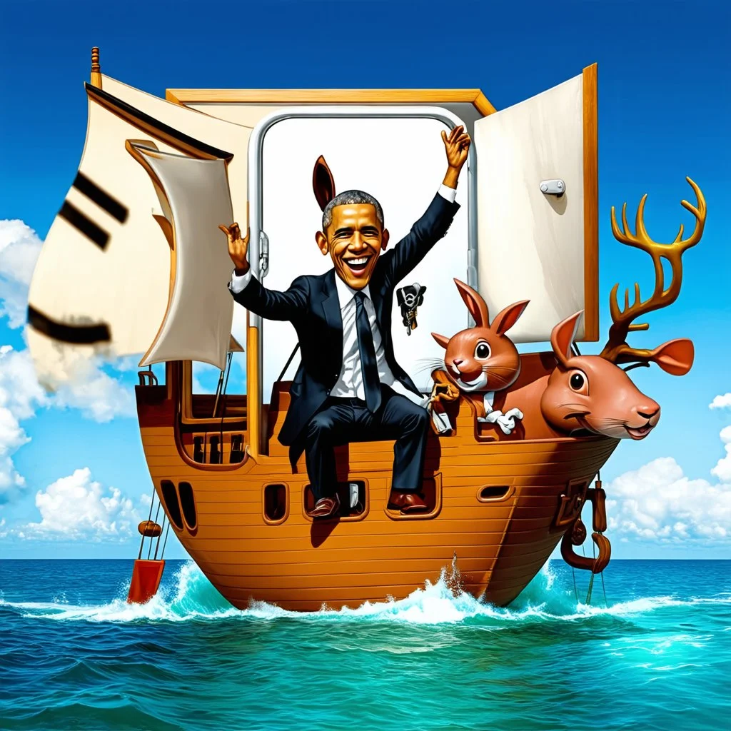 phototorealistic album cover obama doing stupid shit and bucks the bunny riding a swine pirate ship in the fridge