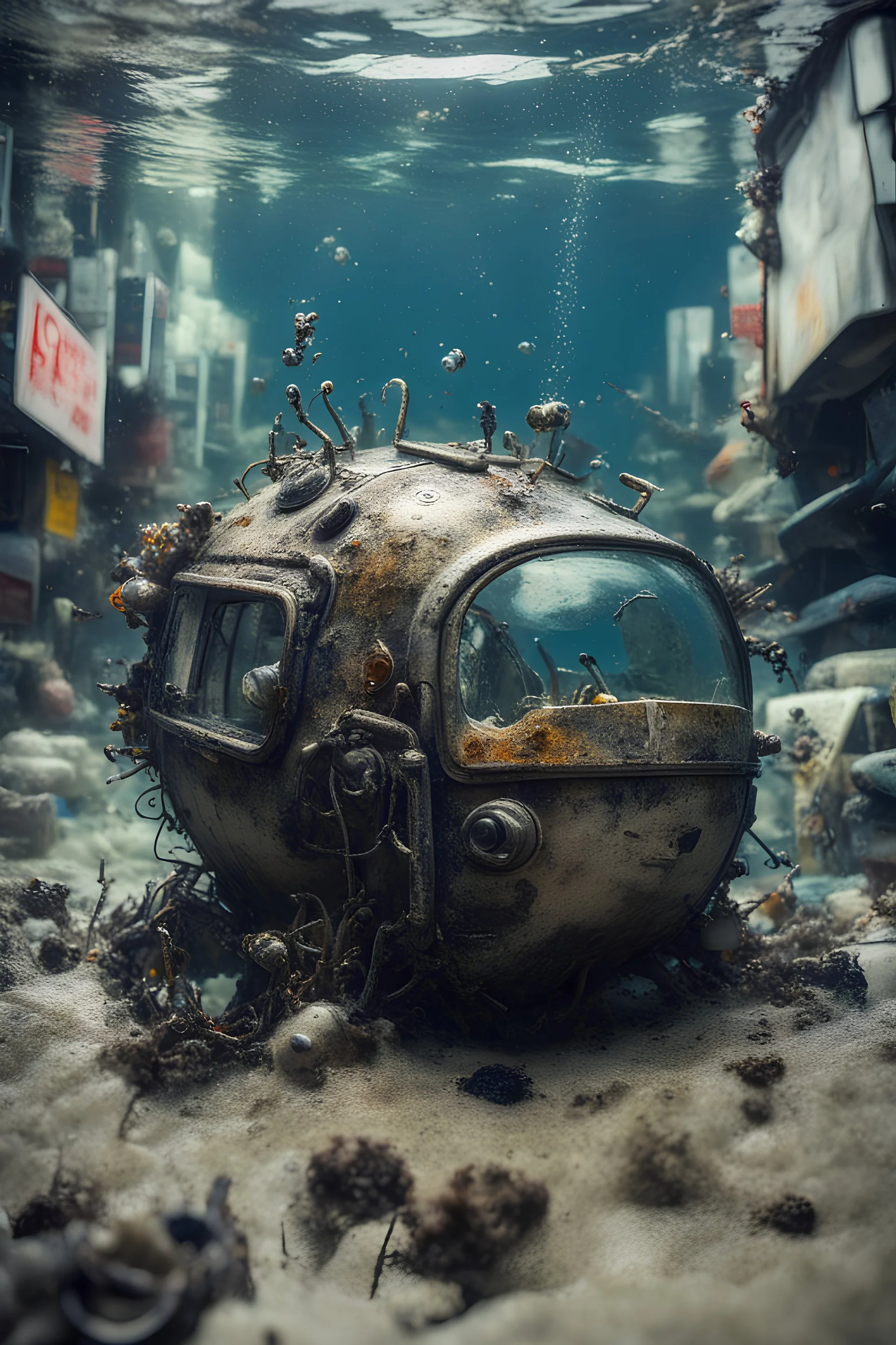 Junkpunk, city underwater, street view, macro photography,