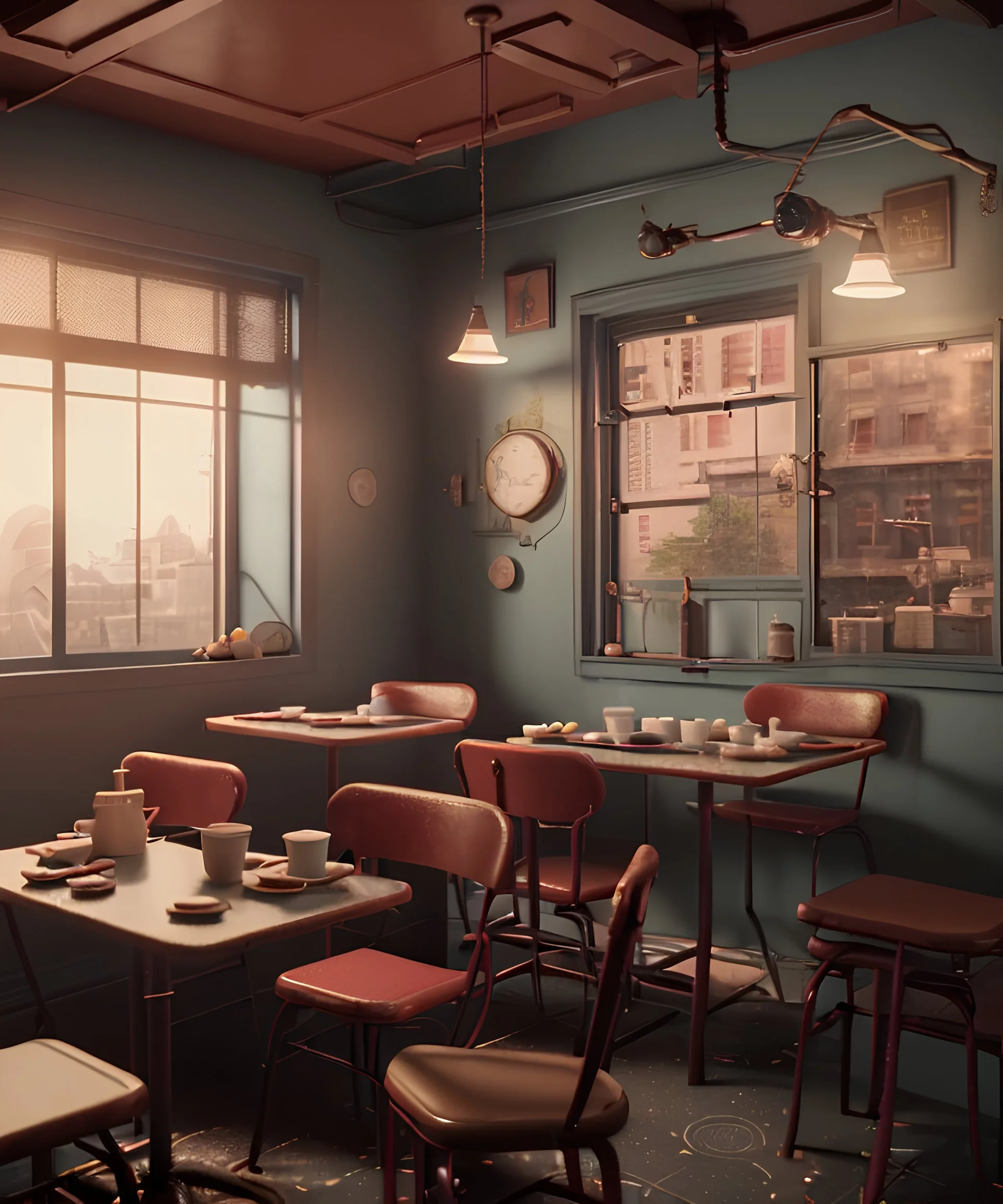 Realistic scene, American shot view, 0 gravity, levitating man and woman sitting in cafeteria and having breakfast, Wes Anderson, fly, floating, soft color, highly detailed, unreal engine 5, ray tracing, RTX, lumen lighting, ultra detail, volumetric lighting, 3d, finely drawn, high definition, high resolution.