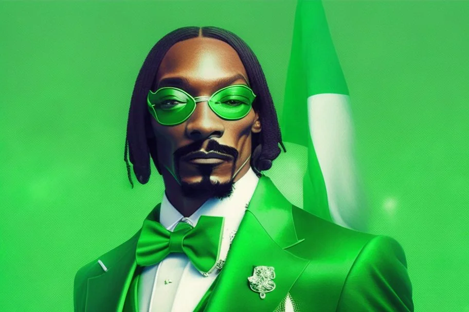 Snoop Dogg in a green tux, green flag with white star