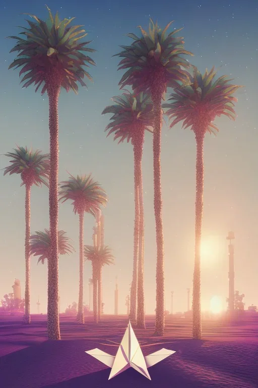 1980's aesthetic vaporwave palm trees with lighting with shiny chrome triangle in the desert sand