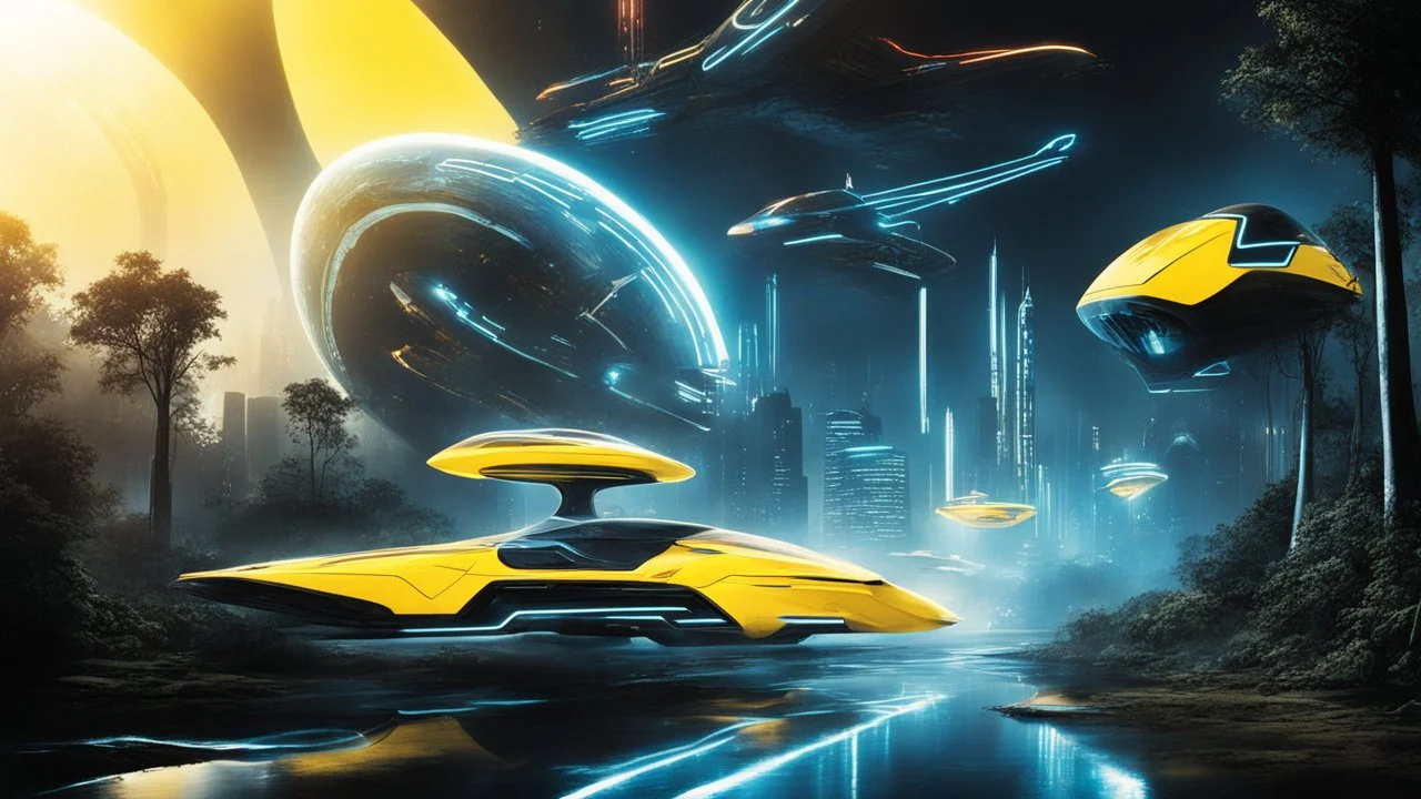 tron legacy movie, creatures,, space ships, city of the future, trees , forest, yellow, blue, red