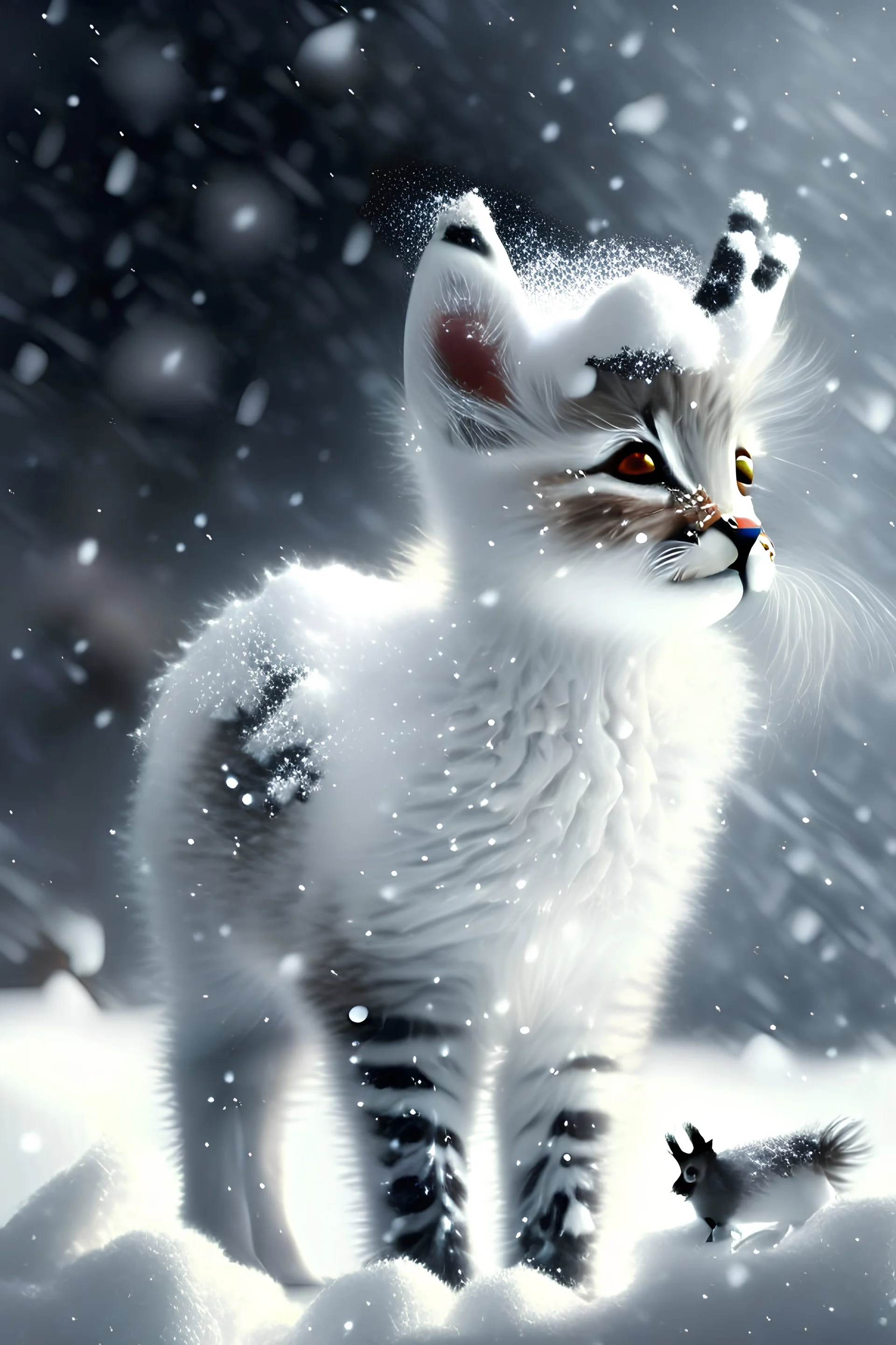 Create a white black Fluffy reindeer Mixed with a kitten in the Snow playing in the background is snowing