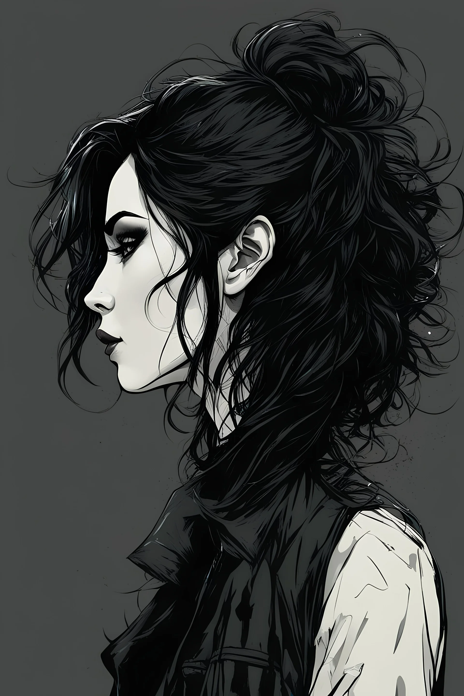 create a side profile, shoulder to heads, comic book style of a dark haired, savage, dressed in black casual clothing, messy hair, goth girl