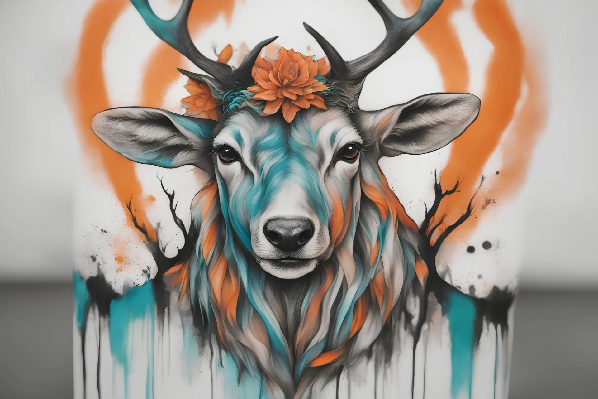 A realistic tattoo of a stag. Create contrast using the colours black, turquoise and orange also use the colour: #5E8AC3.