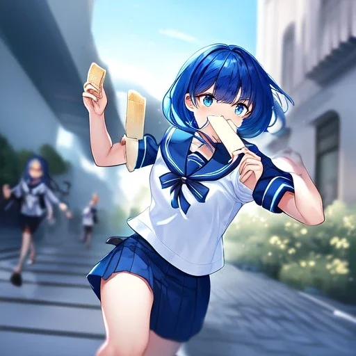 Clear focus,High resolution, Vibrant short blue hair, Vibrant blue eyes, Wearing a sailor uniform, Running with toast in her mouth