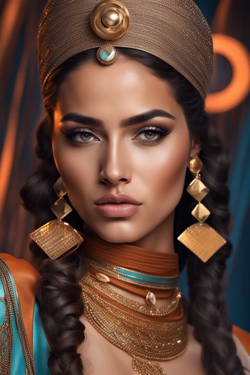 top heavy,this girl is 21 year old girl name Tania Nassar FROM EGYPT inspired by HERMÈS and Jean Paul Gaultier, ((perfect face)), his skin is soft to the touch and gorgeous to look at,sophisticated composition,Natural Beauty, intricate, elegant, colorful, wlop, artgerm, 8k, epic, sharp focus, hyper-realism painting, concept art, matte painting, 8 k resolution, digital art, filigree, rim lighting,