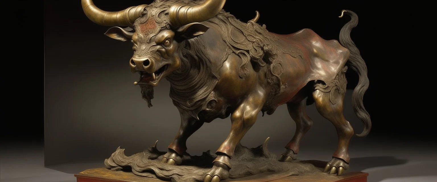A bronze fire elemental bull designed in Japanese Oni masks painted by John Singer Sargent