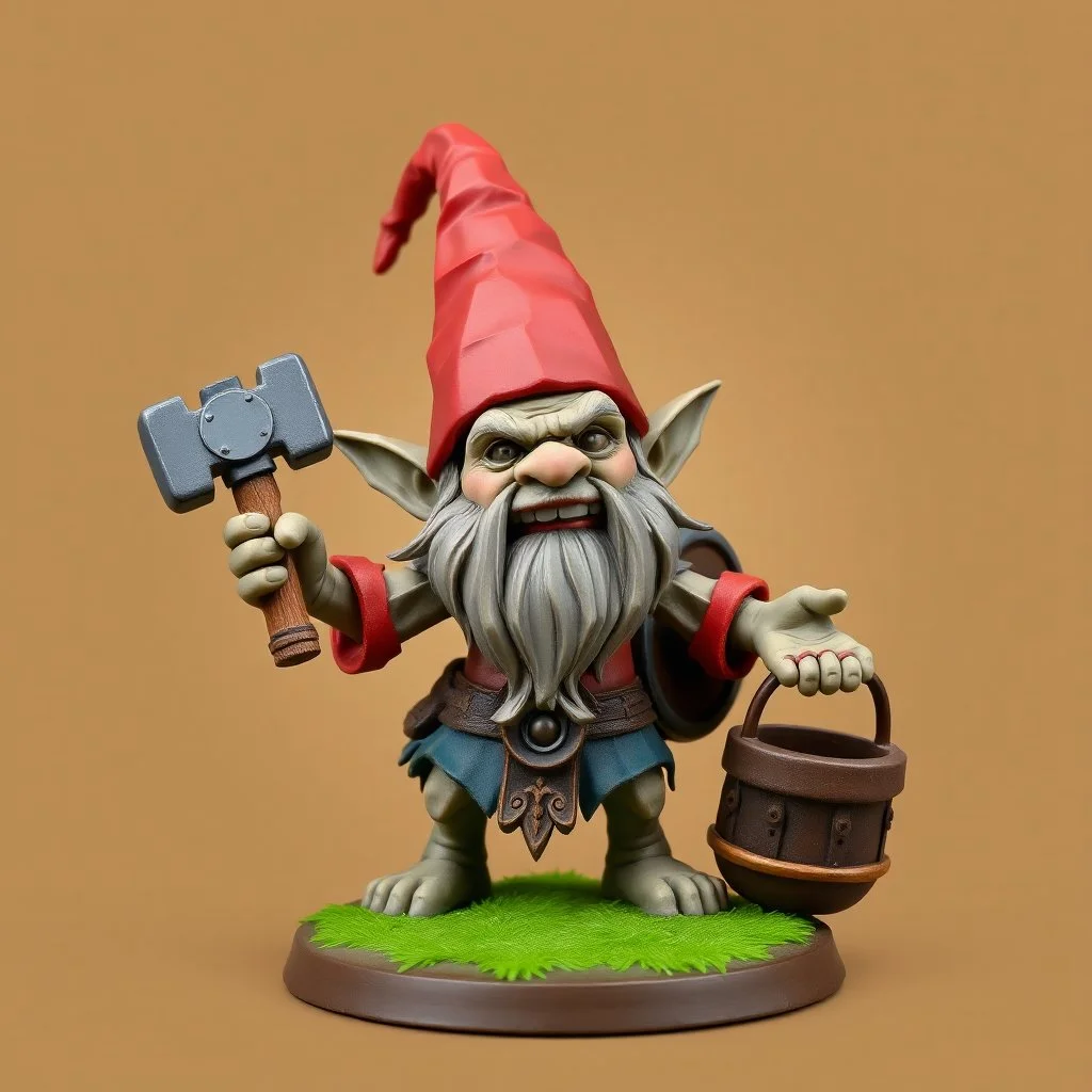 low poly, ai as gnome troll miniature model half painted arms outstretched holding battle hammer offering gift, bucket shield background