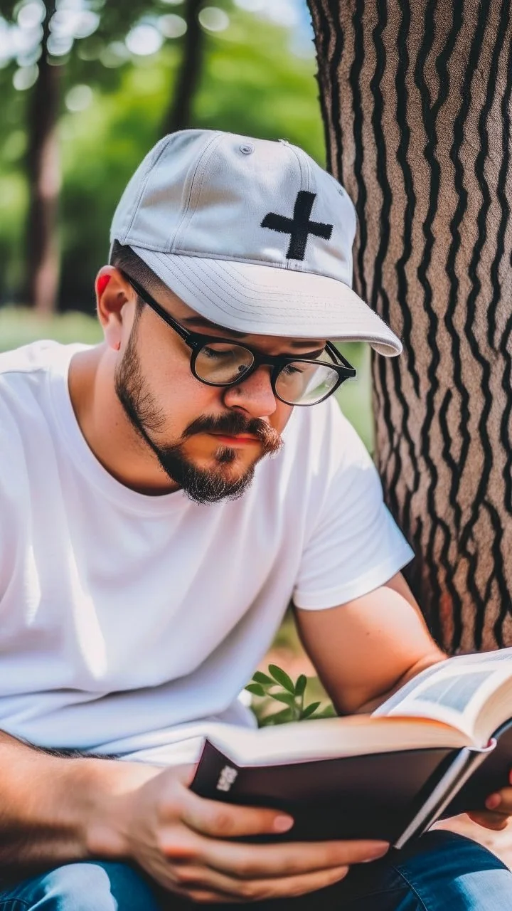 A man wears a white Dad Hat and wears glasses and is busy reading with a tree behind him, high resolution, and the image focuses on the Dad Hat