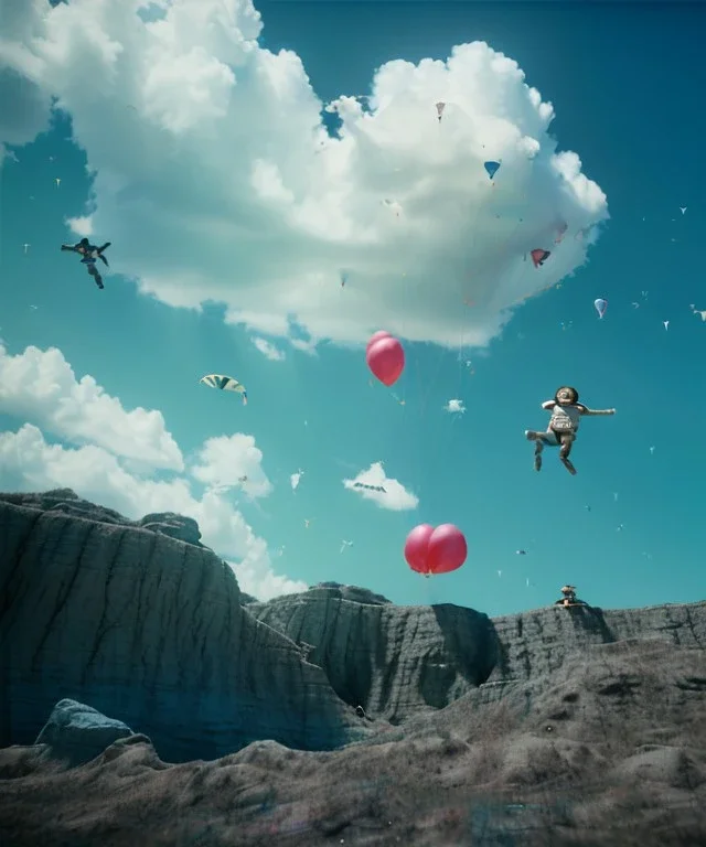 Ultra realistic thriller sky scene, medium shot view, portrait, Childs free jumping flying with trinkets, smile, happy, Wes Anderson style, inflatable color clothing, extreme, wind, clouds sea, 20,000 feet altitude, stratosphere, soft color, highly detailed, unreal engine 5, ray tracing, RTX, lumen lighting, ultra detail, volumetric lighting, 3d, finely drawn, high definition, high resolution.