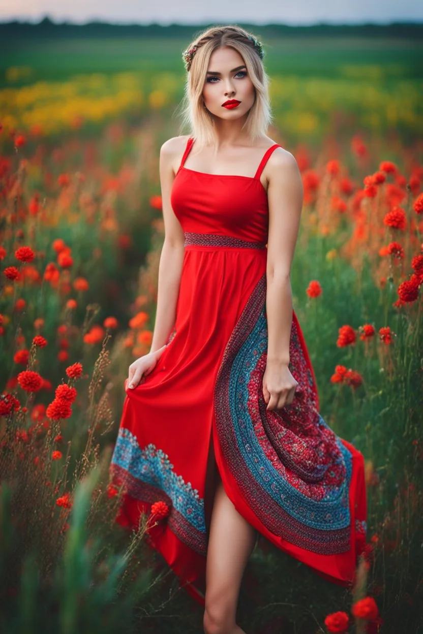 Beautiful russian girl, blonde hair, bold lipstick, wild color full flower field, braided bangs, braided bobcut, solo, apron,thick thighs, side-tie panties, black hair, 18yo,(on back:1.2) ,red dress, portrait