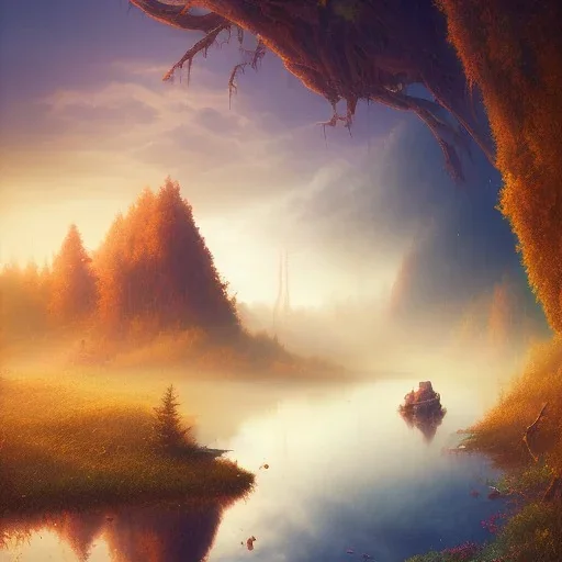 Wood, fantastic dream, yellow, brown, white, red, crepuscular, pastel colors, river, dig, concept art