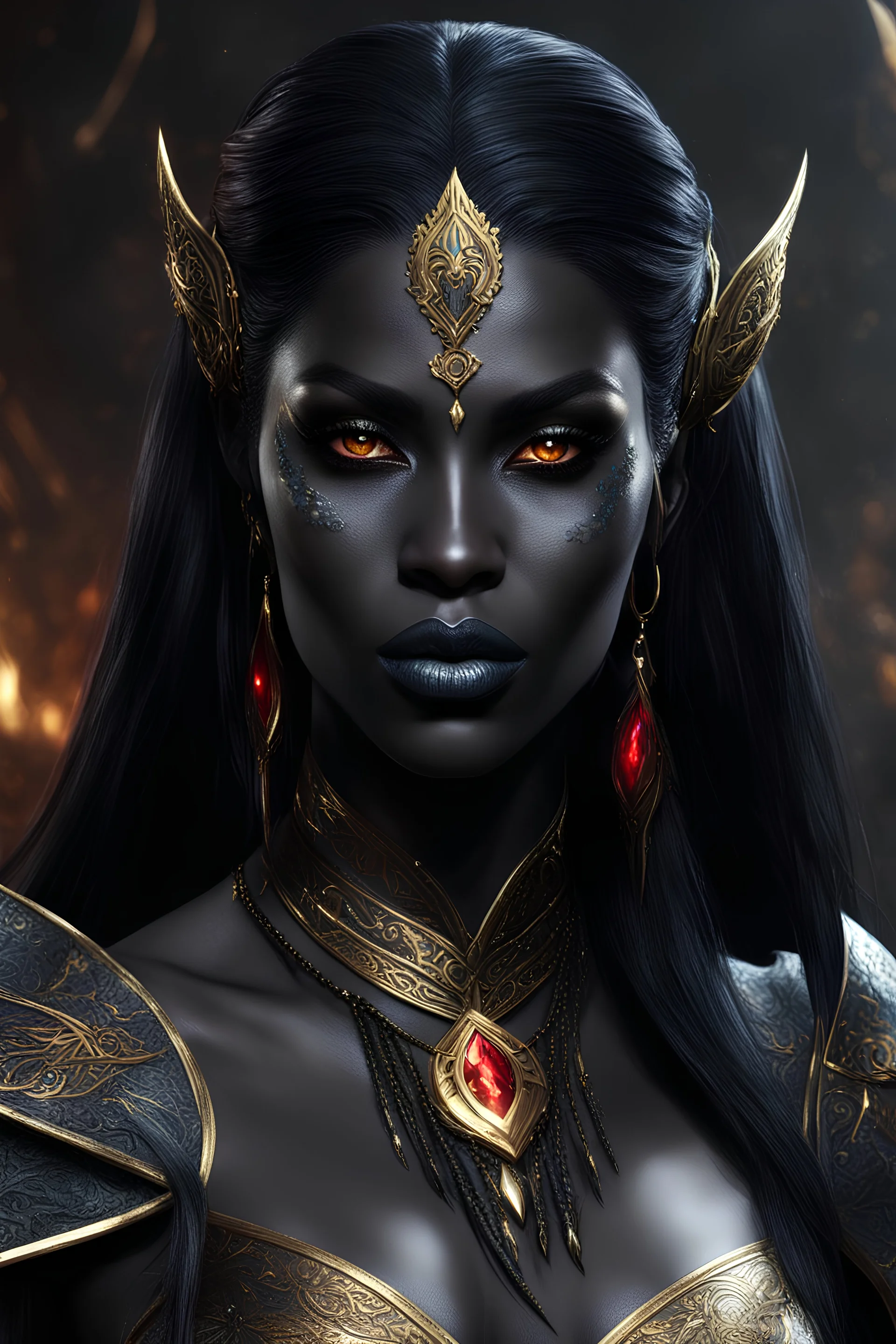 dnd character art of a dark black drow sorceress. high resolution cgi, 4k, pointed ears, dark-charcoal-black skin, long black hair, golden tattoos, red irises, black sclera, long golden eyebrows, unreal engine 6, high detail, cinematic.