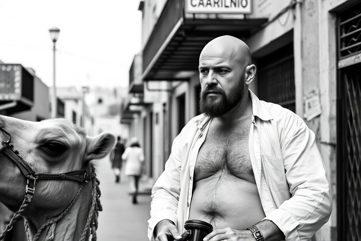 man looking like "Walter White" in breaking bad tv show, bald and goatee, with bare chest riding on a camel in a alley Casablanca town, panorama, black and white photo