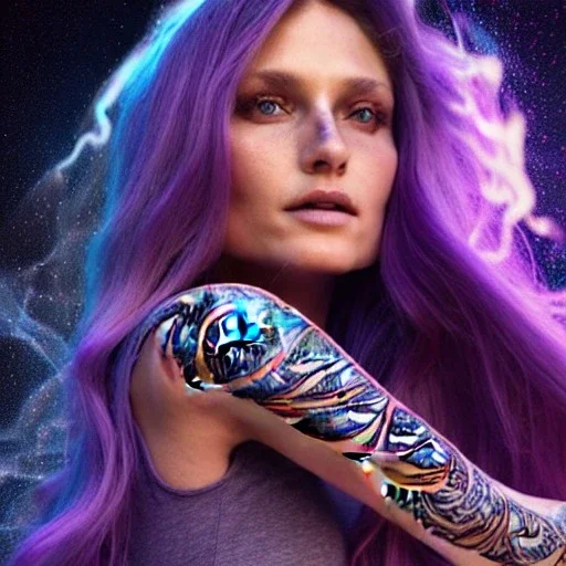 "perfect long-haired woman, full face tattoo of fractal art and galaxies extending past face and morphing into reality, 8k resolution, high-quality, fine-detail, intricate, digital art, volumetric lighting, octane render