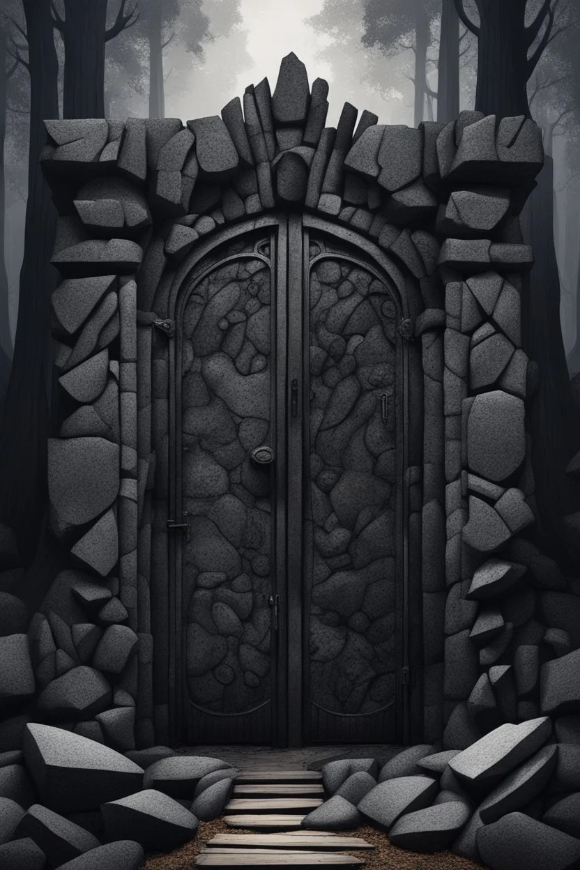 A huge wall made of granite black stones with a huge gate and giant open wooden doors in the forest dark material, surrealist, elementals, intricate background, masterpiece, octane rendered, art station, thin line draw style