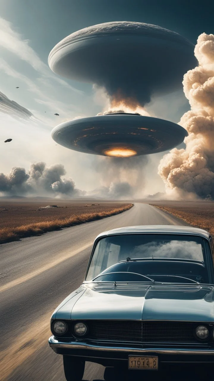 The image shows a photograph with a science fiction theme. Reflected in a side-view mirror, we see a classic car with passengers, driving on a desolate road. In the background, a large UFO hovers in the sky while multiple explosions erupt in the distance, sending up clouds of smoke and fire. The mirror's border frames this chaotic scene, juxtaposing a calm, seemingly oblivious drive with the dramatic events unfolding behind. The aged effect of the photo adds a layer of nostalgia to t