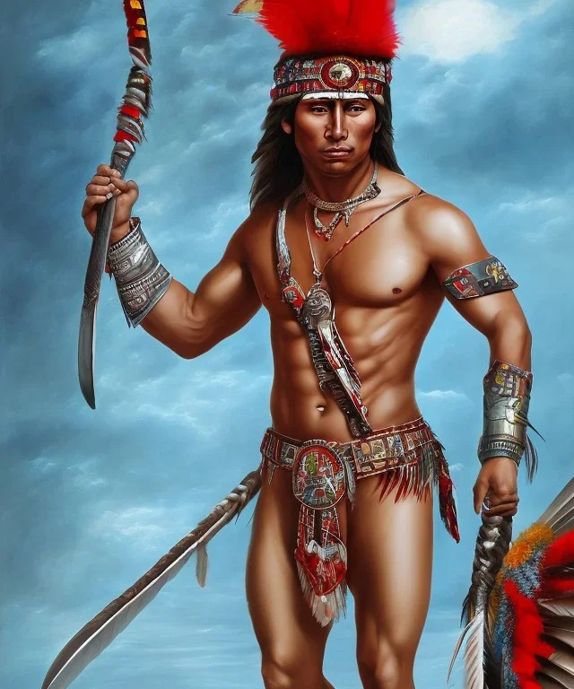 Guaicaipuro, native american, 30 years old, Muscular warrior, red feathers headdress, shirtless